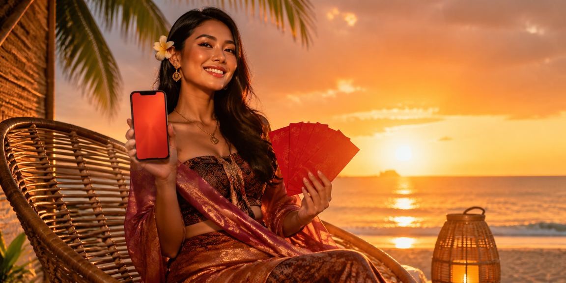 Bonus amplop merah dan pemandangan pantai untuk ilustrasi hadiah
