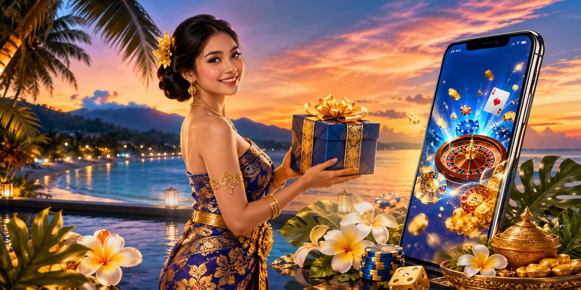 Suasana casino mobile di pantai dengan latar pemandangan sunset